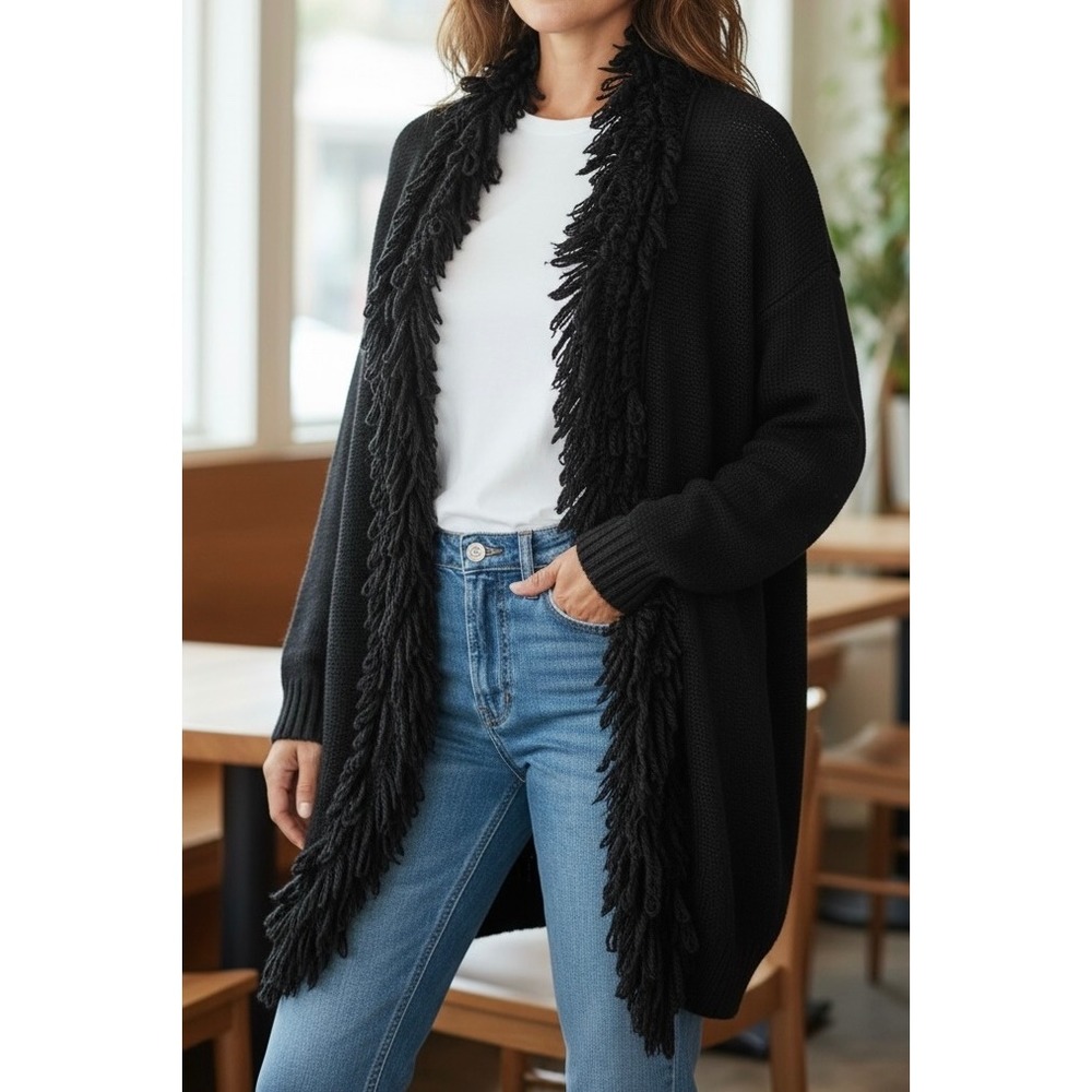 Chico's Open Front Longline Cardigan Sz XL 3 Wool Blend Loop Fringe Detail Black